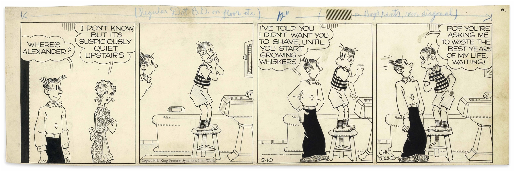 Chic Young Hand-Drawn ''Blondie'' Comic Strip From 1945 Titled ''Well, Mow Me Down!'' -- Alexander Can't Wait to Grow Up